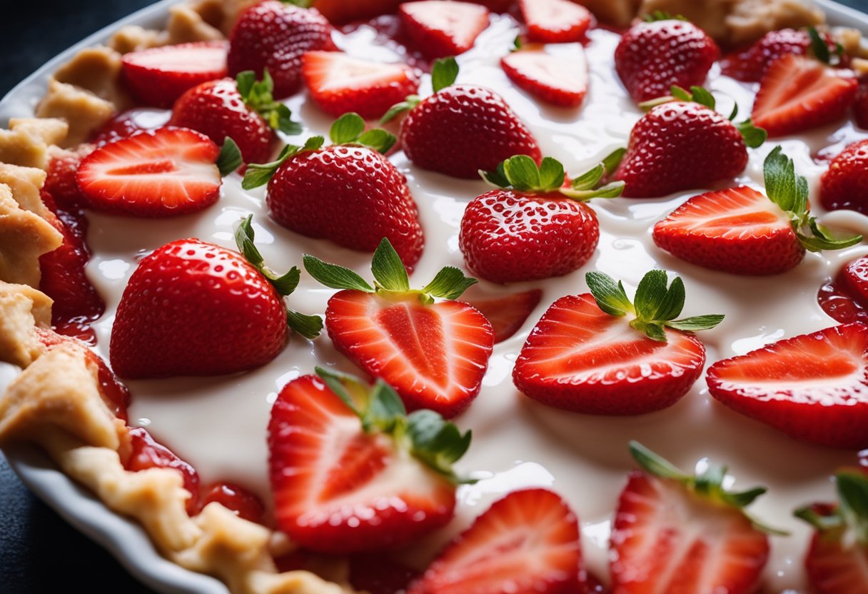 Fresh strawberries washed, hulled, and sliced. Pastry dough rolled out and placed in pie dish. Filling mixed and poured over strawberries. Top crust added and edges crimped. Egg wash brushed on top