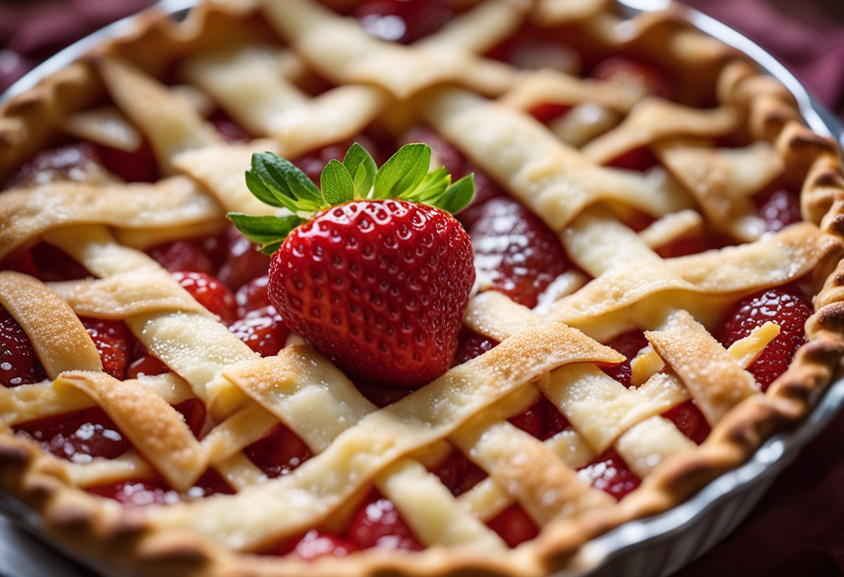 Fresh strawberries arranged in a flaky pie crust, brushed with egg wash, and sprinkled with sugar. A lattice crust on top. A timer set for 45 minutes