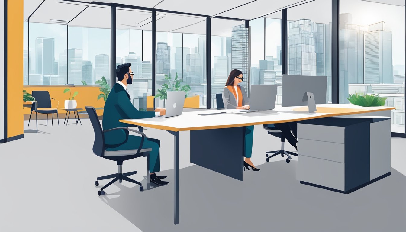 A modern office setting with a banker and a client discussing bridging loan options. The banker is explaining the benefits of using DBS bridging loans in Singapore