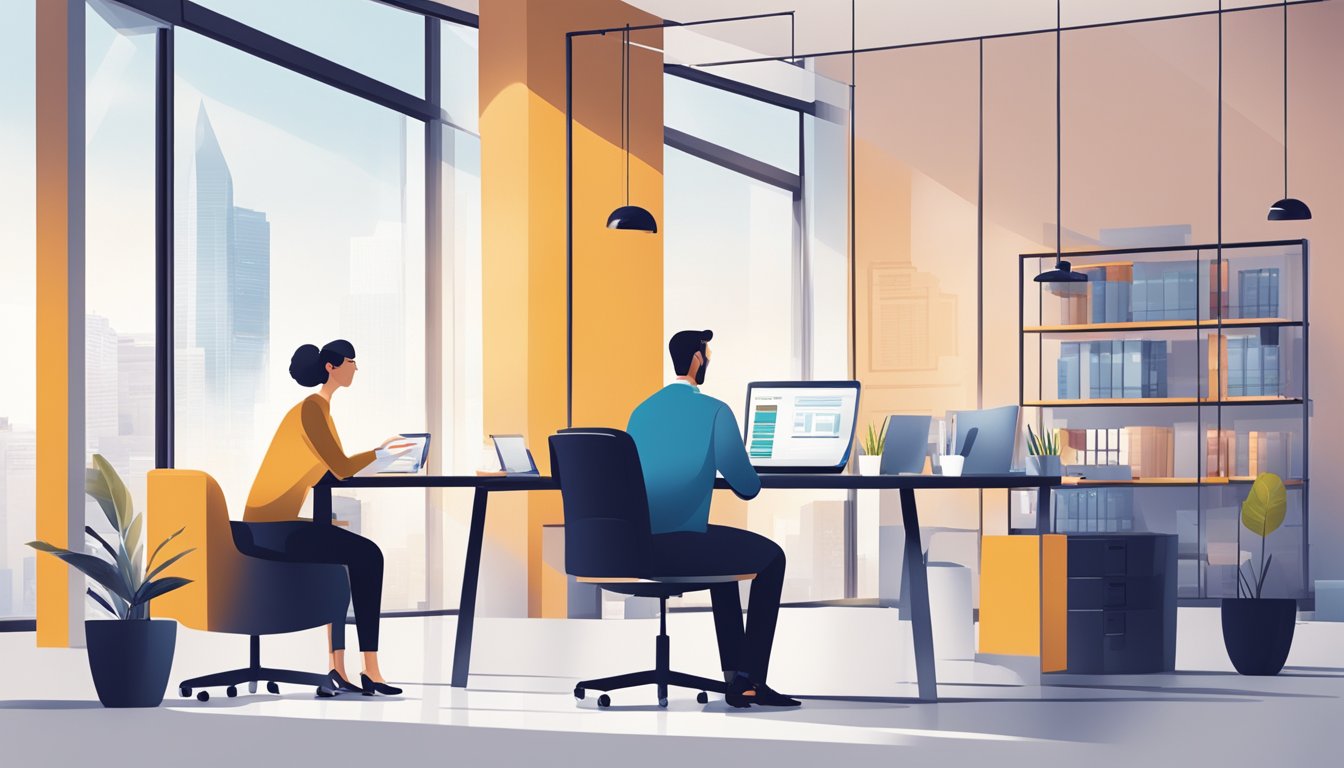 A modern office setting with a banker discussing bridging loan details with a client. A computer screen shows the DBS logo and loan information