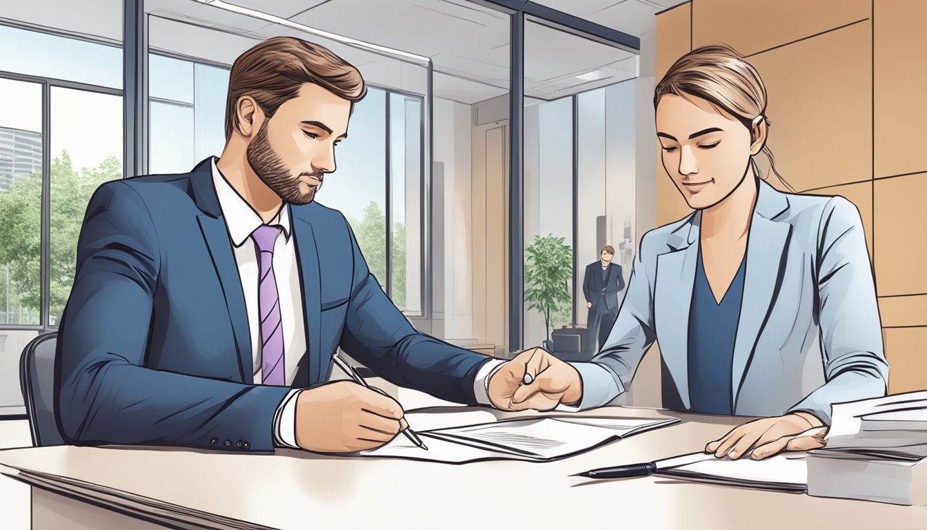 A businessman signing a contract with a bank representative for a bridging loan in a modern office setting