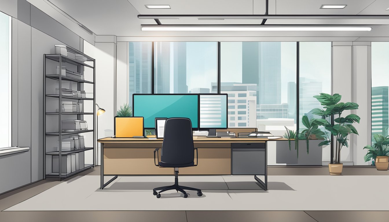 A modern office setting with a desk, computer, and paperwork. A sign on the wall reads "Eligibility and Requirements for DBS Bridging Loan Singapore."