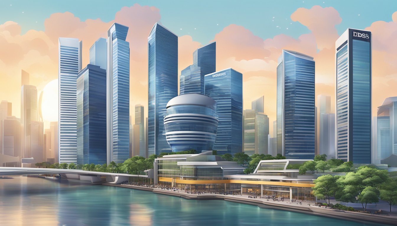 A modern office building in Singapore with a prominent DBS logo, surrounded by bustling city streets and skyscrapers