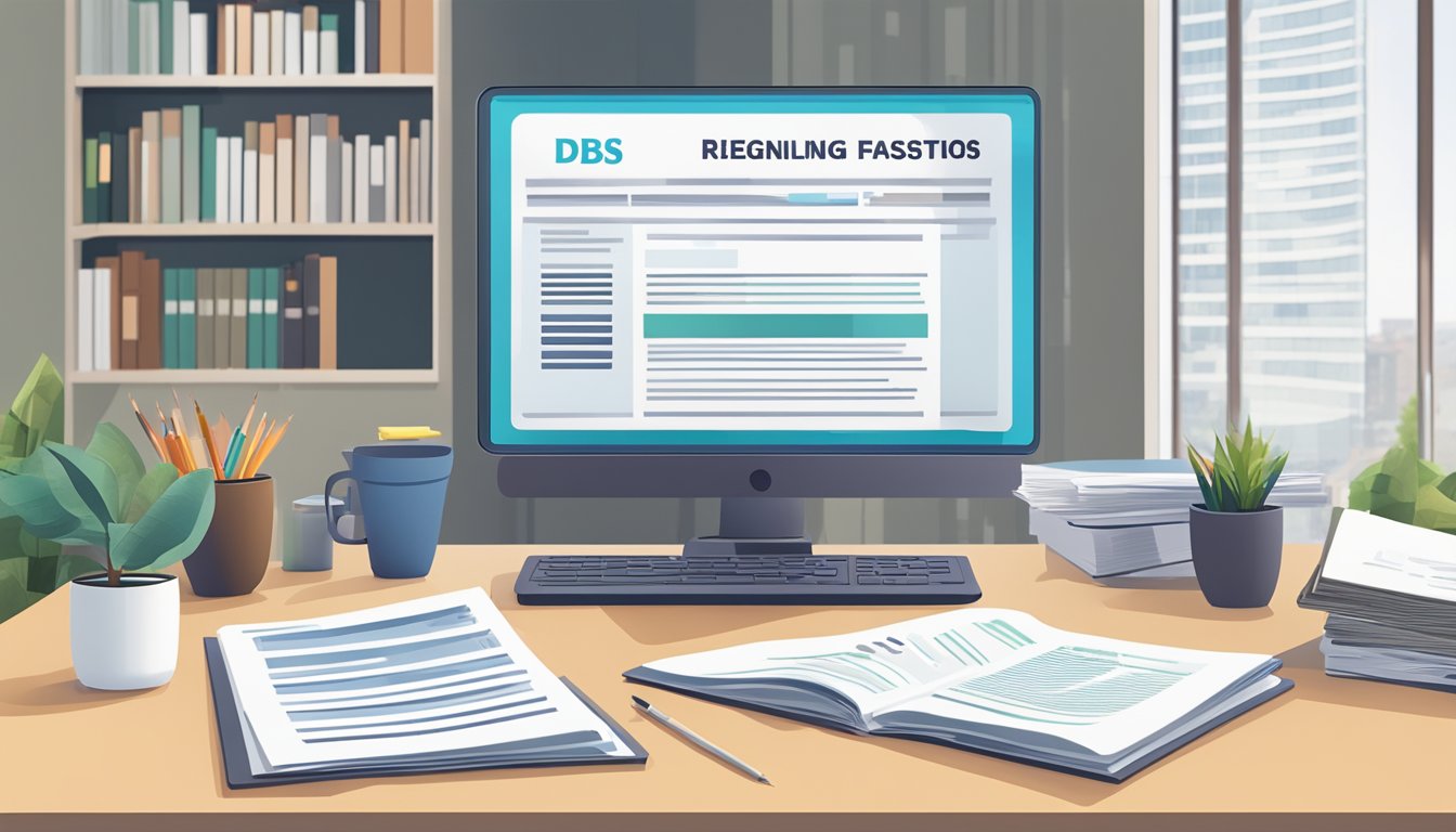 A brightly lit office desk with a computer screen displaying "Frequently Asked Questions dbs bridging loan singapore" and a stack of papers with the same title