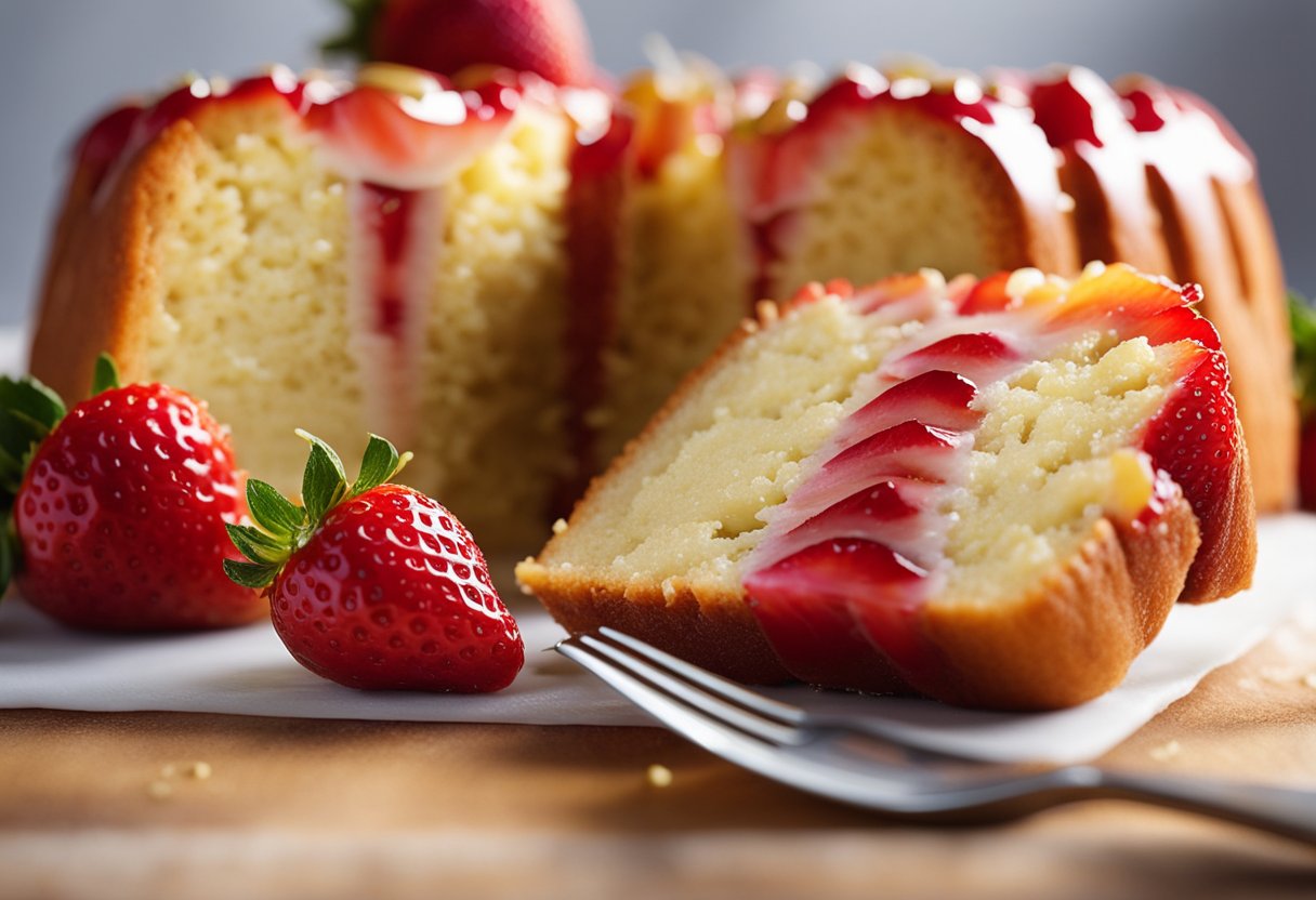 Fresh strawberries sit atop a golden pound cake, drizzled with glaze. A slice is missing, revealing the moist, red-studded interior