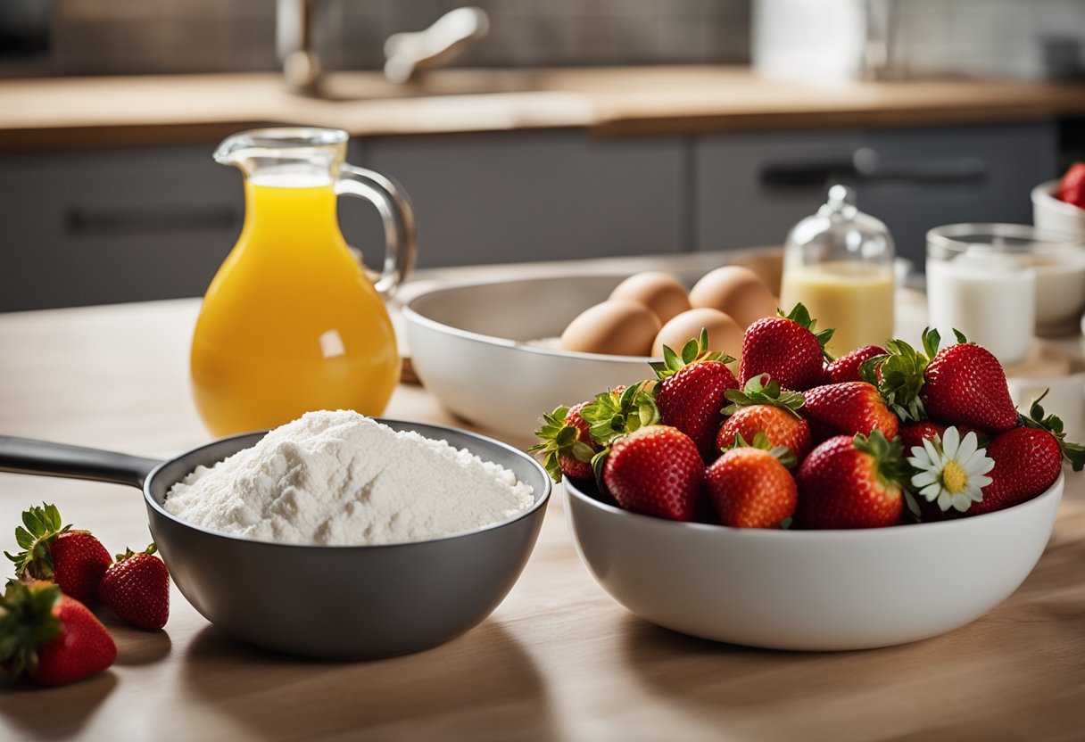 Fresh strawberries, flour, sugar, eggs, and butter on a clean kitchen counter. A mixing bowl and a whisk are ready for baking