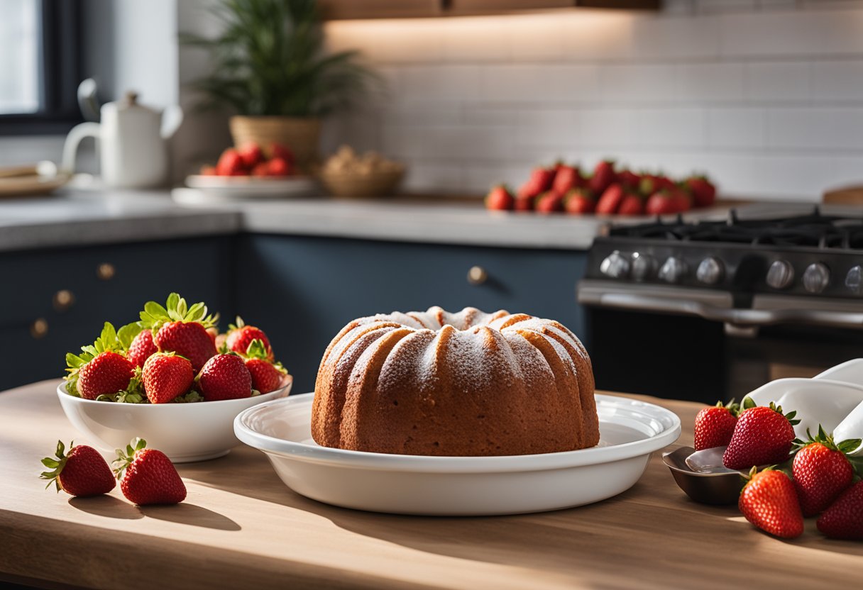 A kitchen counter with mixing bowls, measuring cups, a whisk, and fresh strawberries next to a freshly baked strawberry pound cake