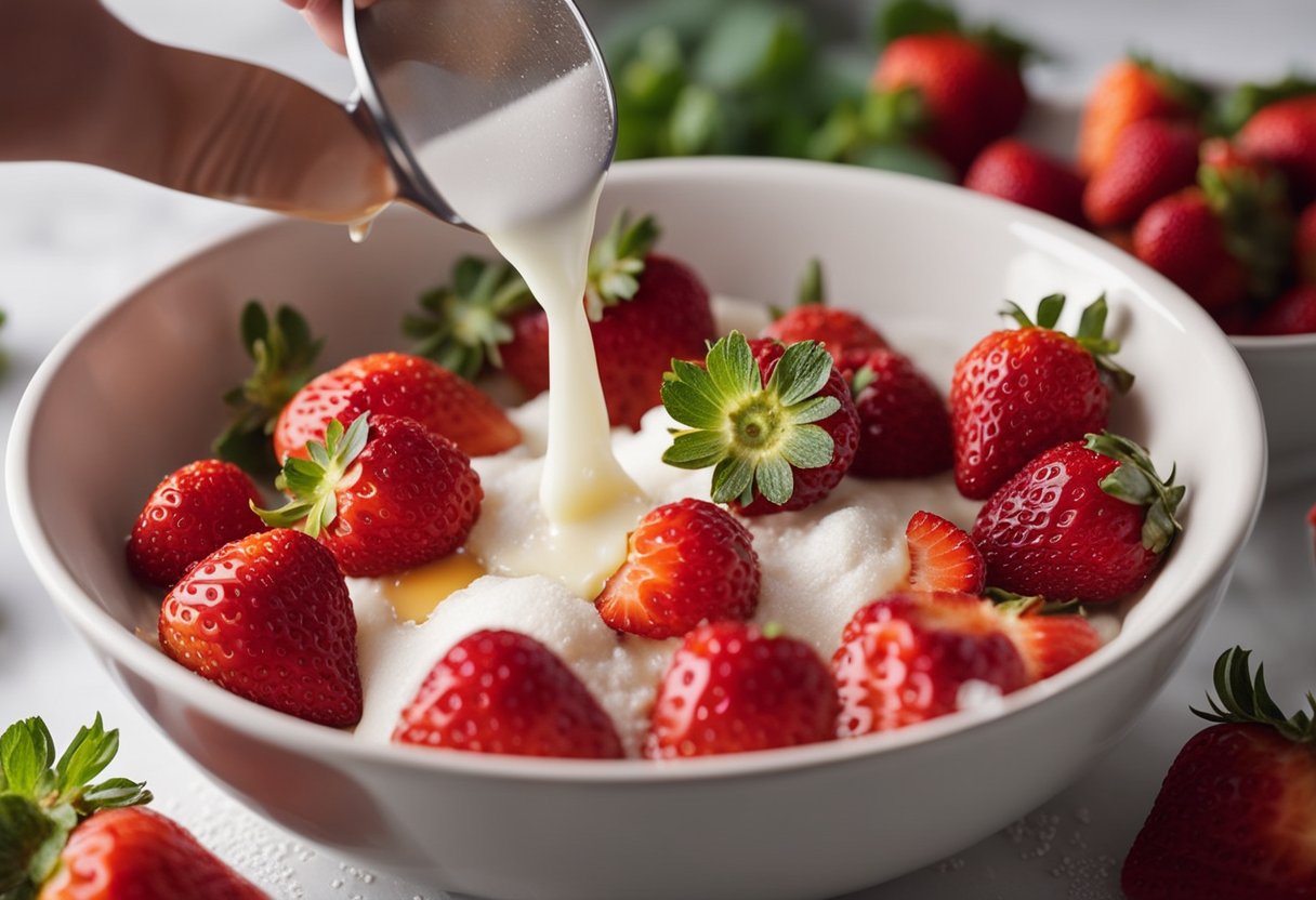 Fresh strawberries being washed and sliced. Flour, sugar, and eggs being mixed in a bowl. Butter being melted and poured into the batter