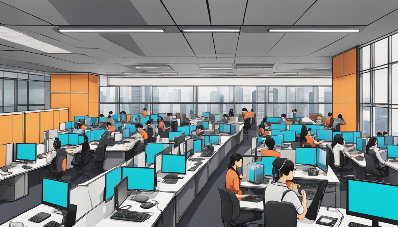 A bustling call center in Singapore with employees at their desks, headsets on, and screens displaying the DBS logo