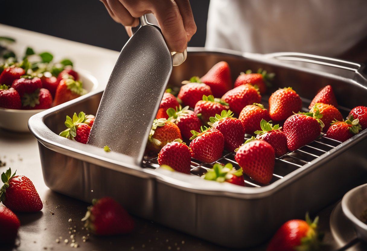 Fresh strawberries being sliced, mixed with batter, and poured into a greased loaf pan. The oven is preheated and the cake is baking to a golden brown