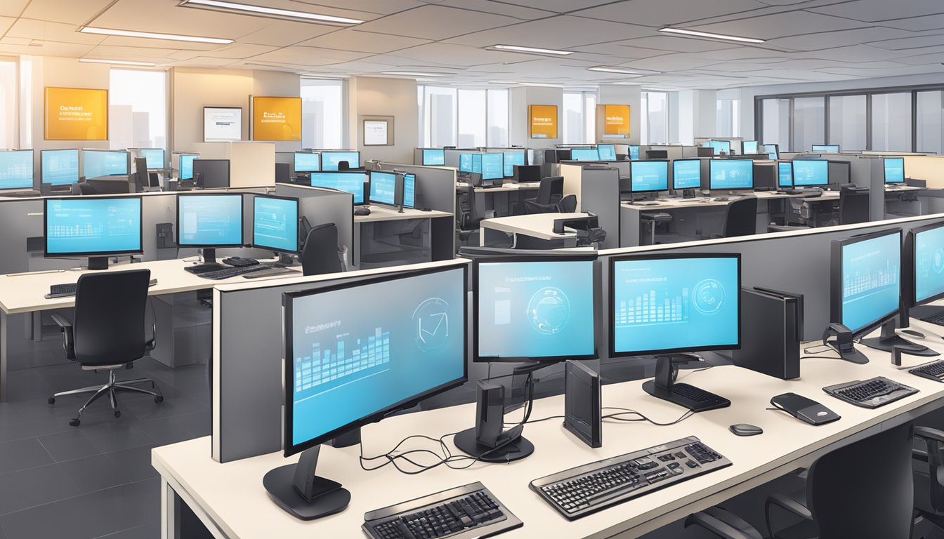 A modern call center with multiple workstations, computer monitors, and headsets. The room is brightly lit and features the logo of "Secure Banking Transactions dbs" prominently displayed