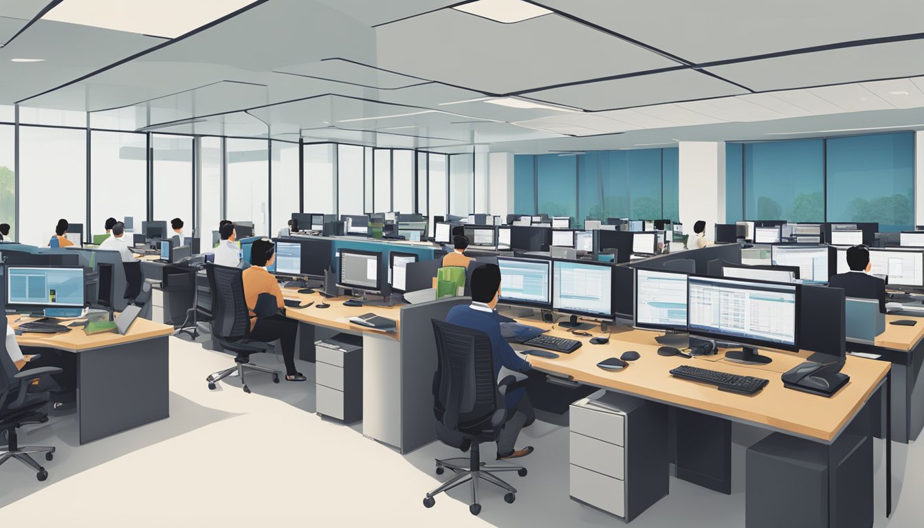 A bustling call center in Singapore's Comprehensive Wealth Management DBS office. Rows of desks with computer monitors and headsets, staffed by employees assisting clients with financial services