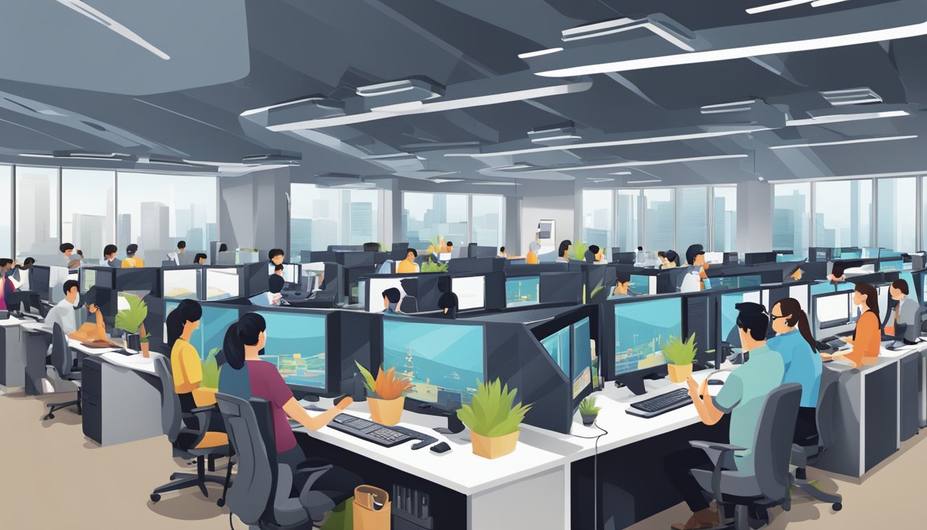 A bustling call center in Singapore, with agents providing excellent customer support and service