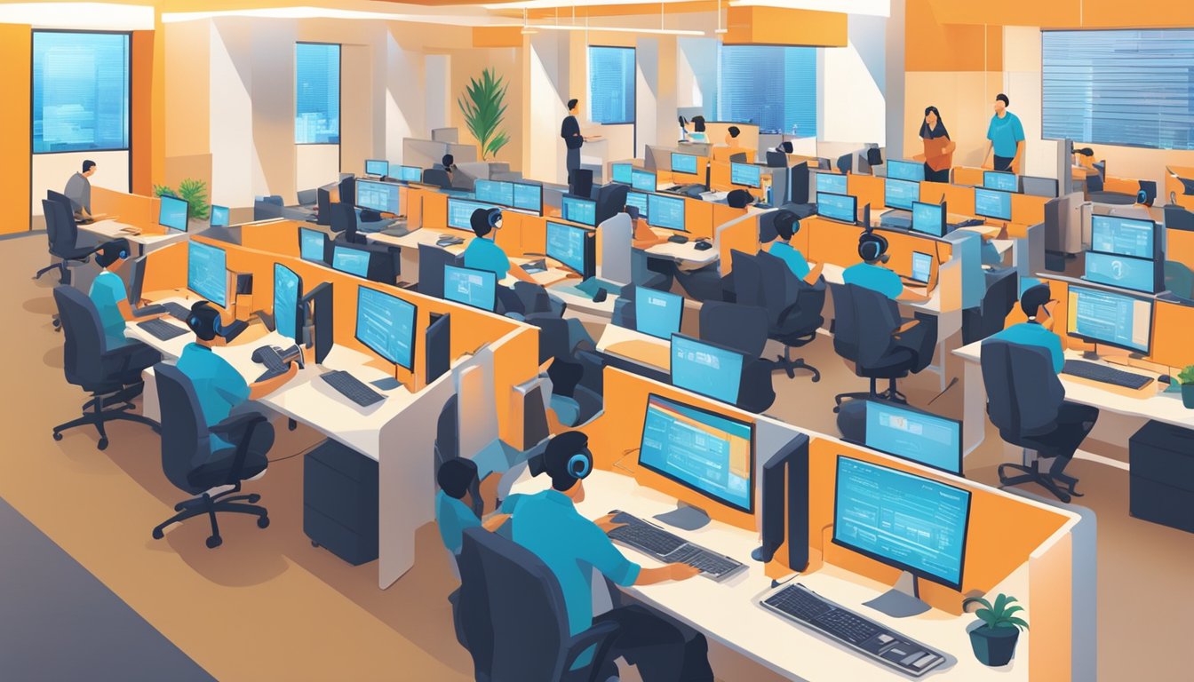 A brightly lit call center with employees seated at desks, speaking on headsets. Signage prominently displays "Safeguarding Against Scams" and "DBS" logos