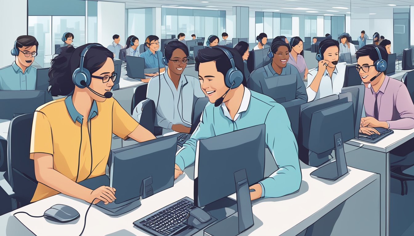 A busy call center with employees speaking on headsets, answering FAQs for customers in Singapore