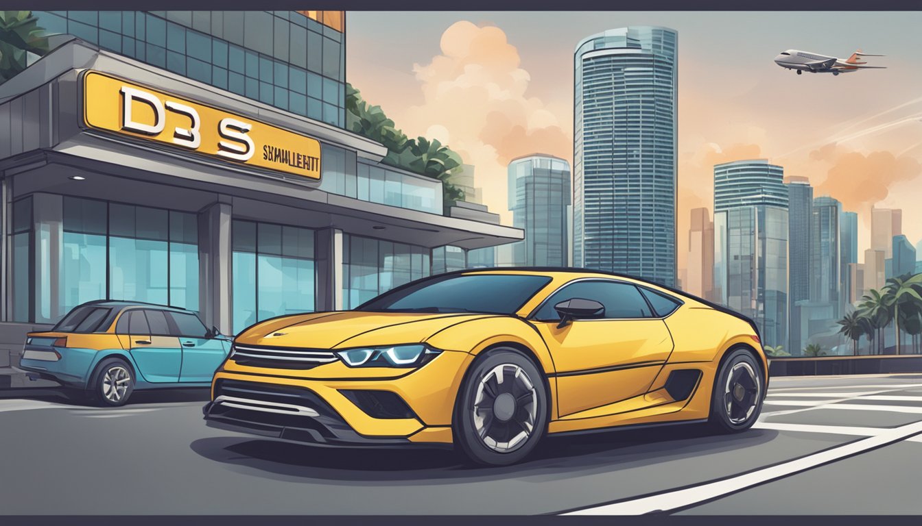 A car speeding towards a bank, with a sign reading "DBS Car Loan Early Settlement Singapore" in the background