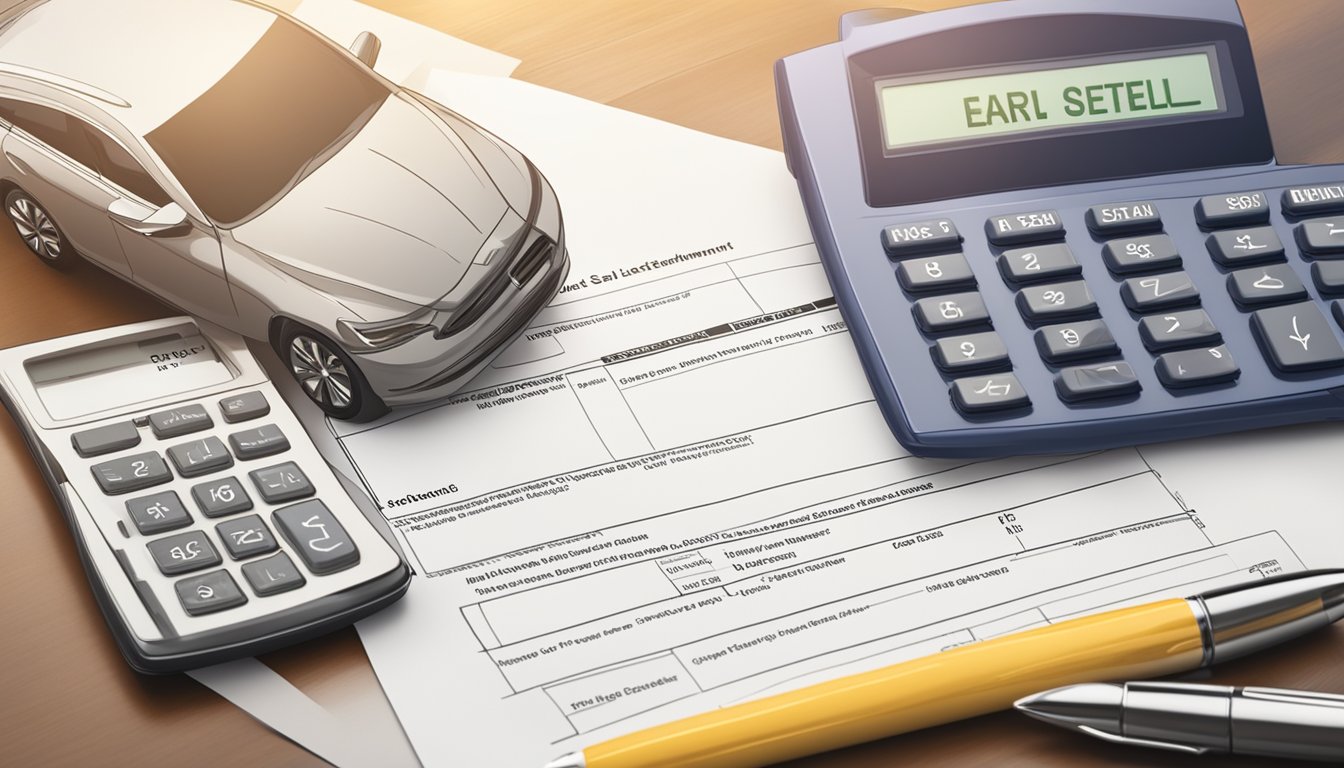 A car loan statement with "Early Settlement" highlighted, a calculator, and a pen ready to sign