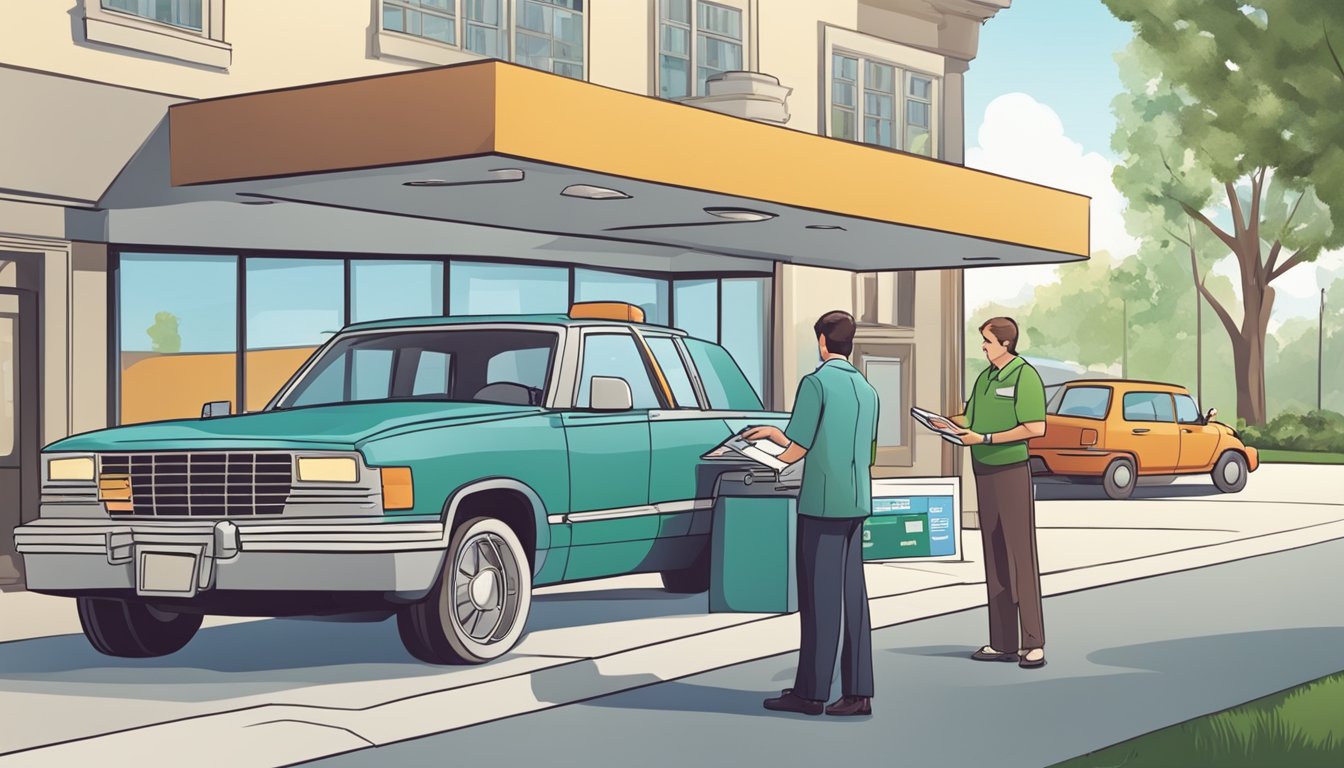 A car parked outside a bank with a person handing over a check to a bank teller. The bank teller is processing the early settlement of the car loan