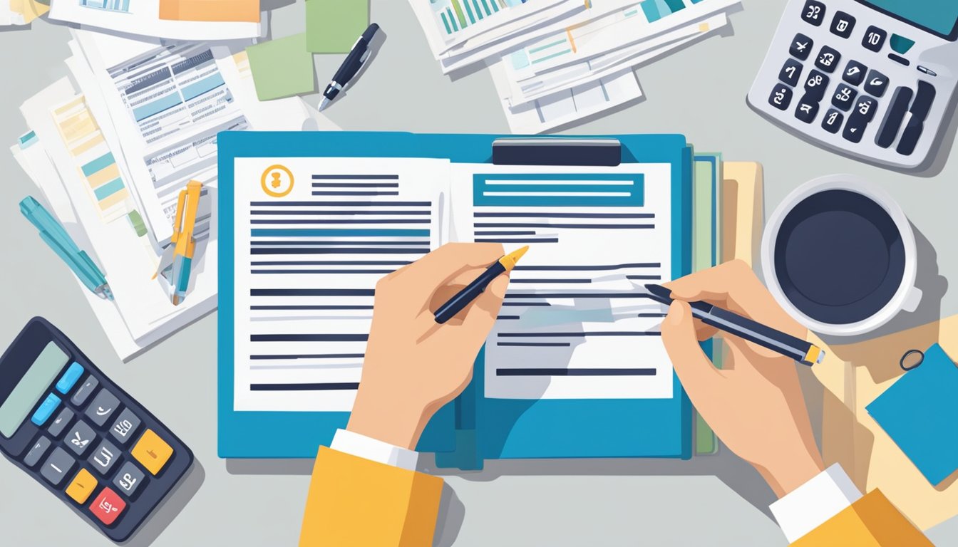 A person signing a document with a pen, surrounded by financial documents and a calculator, symbolizing early settlement of a car loan in Singapore
