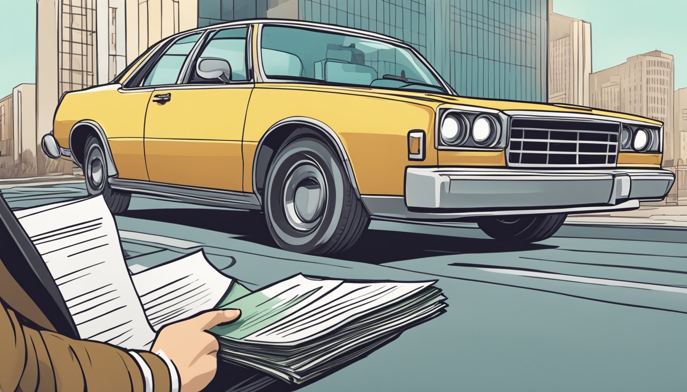 A car driving away from a bank with a paid off loan document in hand
