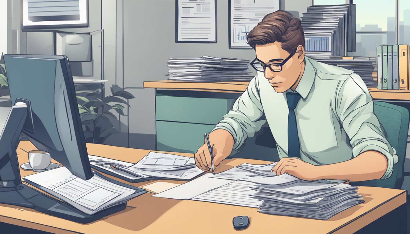 A person sitting at a desk, surrounded by financial documents and a calculator, with a computer screen displaying a car loan early settlement form