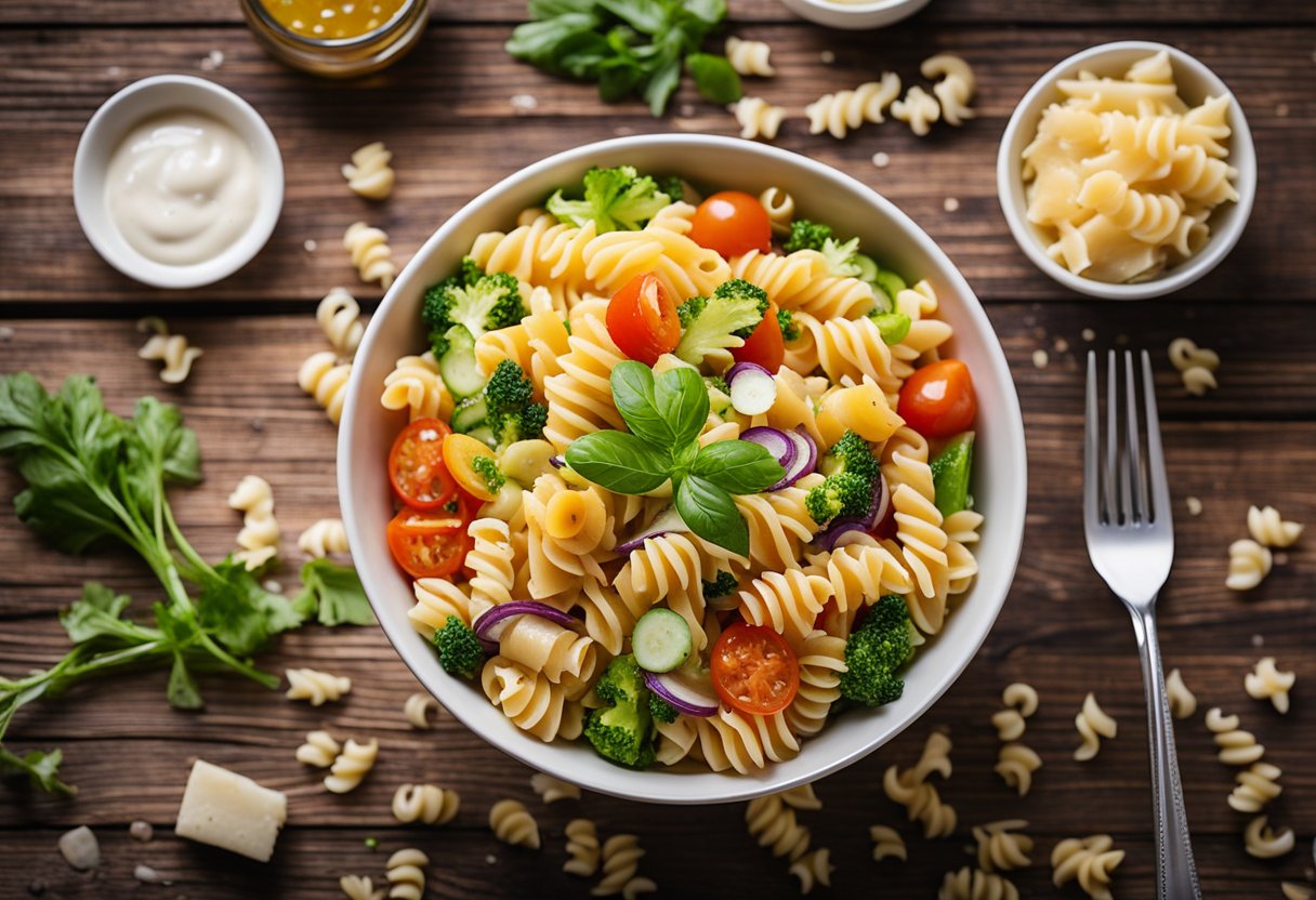 A bowl of pasta salad sits on a wooden table. The salad is colorful with a variety of vegetables and the homemade dressing is drizzled over the top