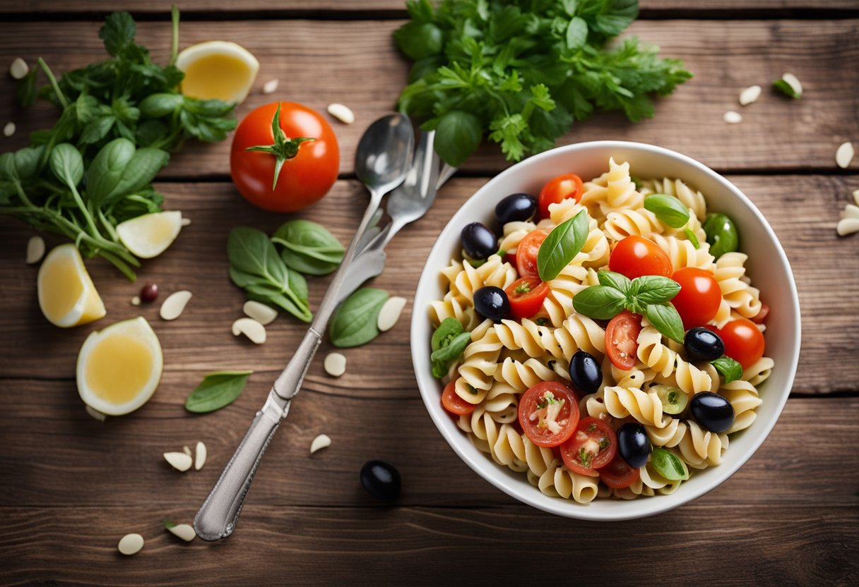 A bowl of colorful pasta salad sits on a rustic wooden table, surrounded by fresh ingredients like tomatoes, olives, and herbs. Homemade dressing is drizzled over the pasta, adding a touch of freshness to the dish