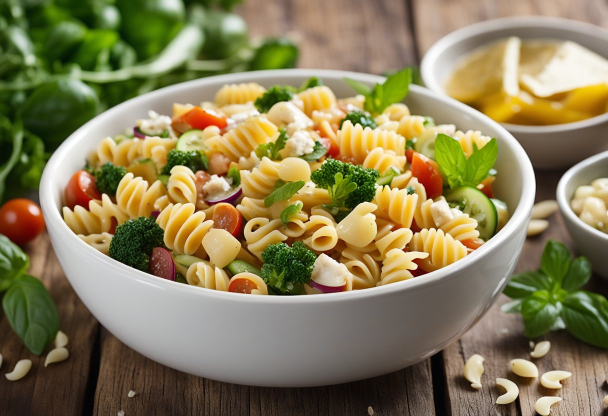 A bowl of pasta salad sits on a wooden table, dressed with a homemade vinaigrette. Fresh vegetables and herbs are scattered around the dish