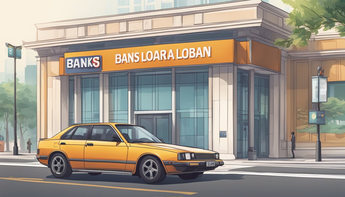 A car parked in front of a bank with a sign that reads "DBS car loan hotline Singapore" displayed prominently