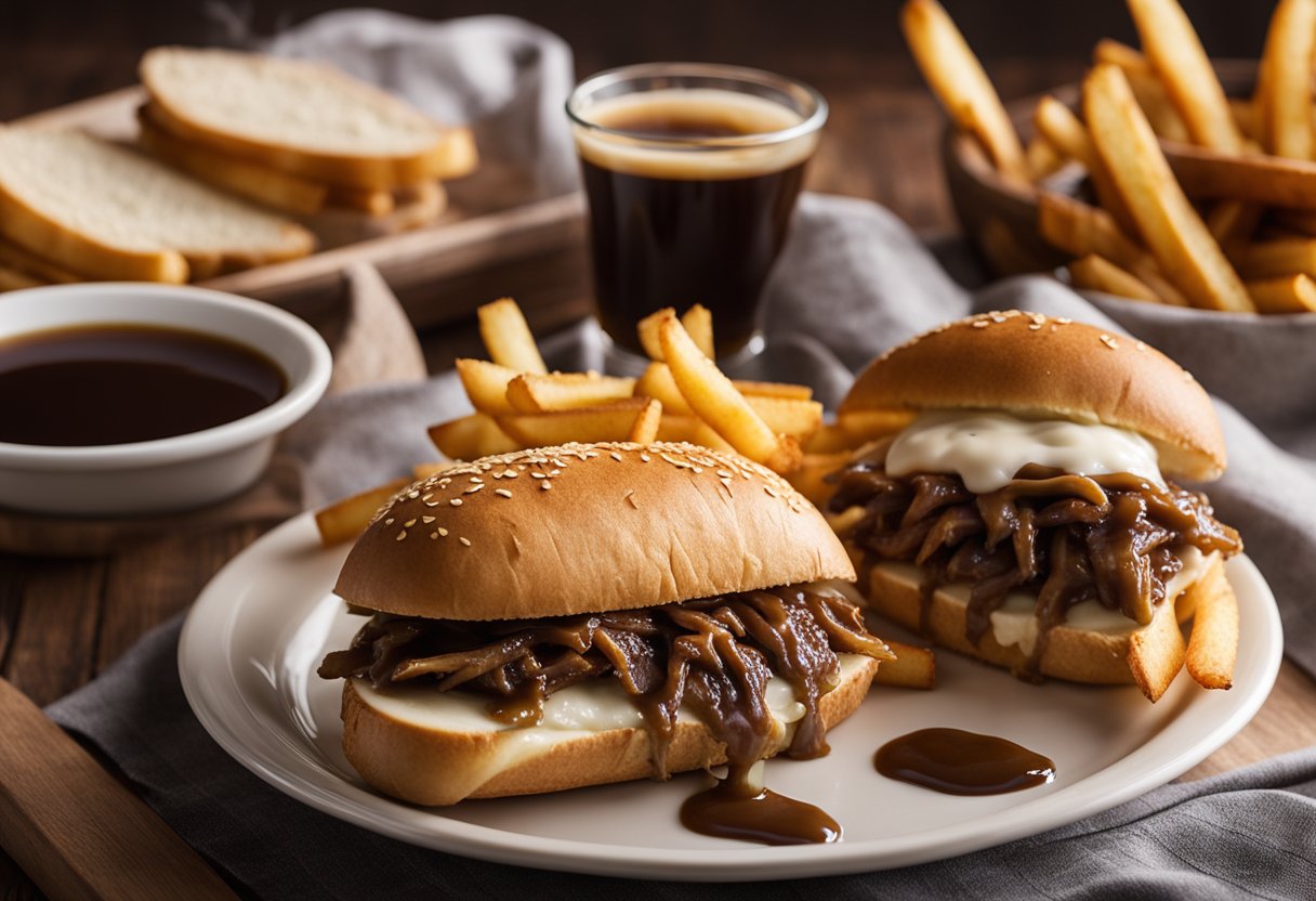 A platter holds two French dip sandwiches with au jus for dipping, accompanied by a side of crispy golden fries