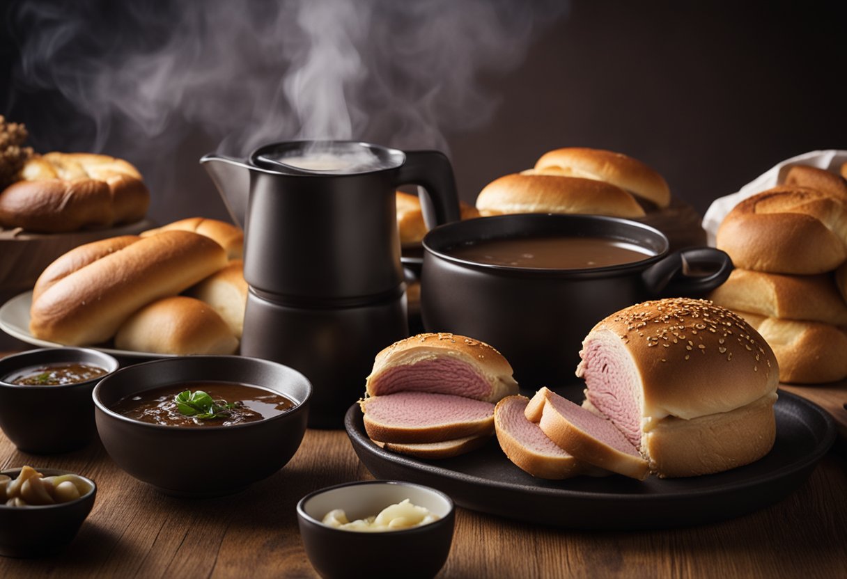 A steaming pot of au jus sits next to a pile of thinly sliced roast beef and a stack of crusty French bread rolls