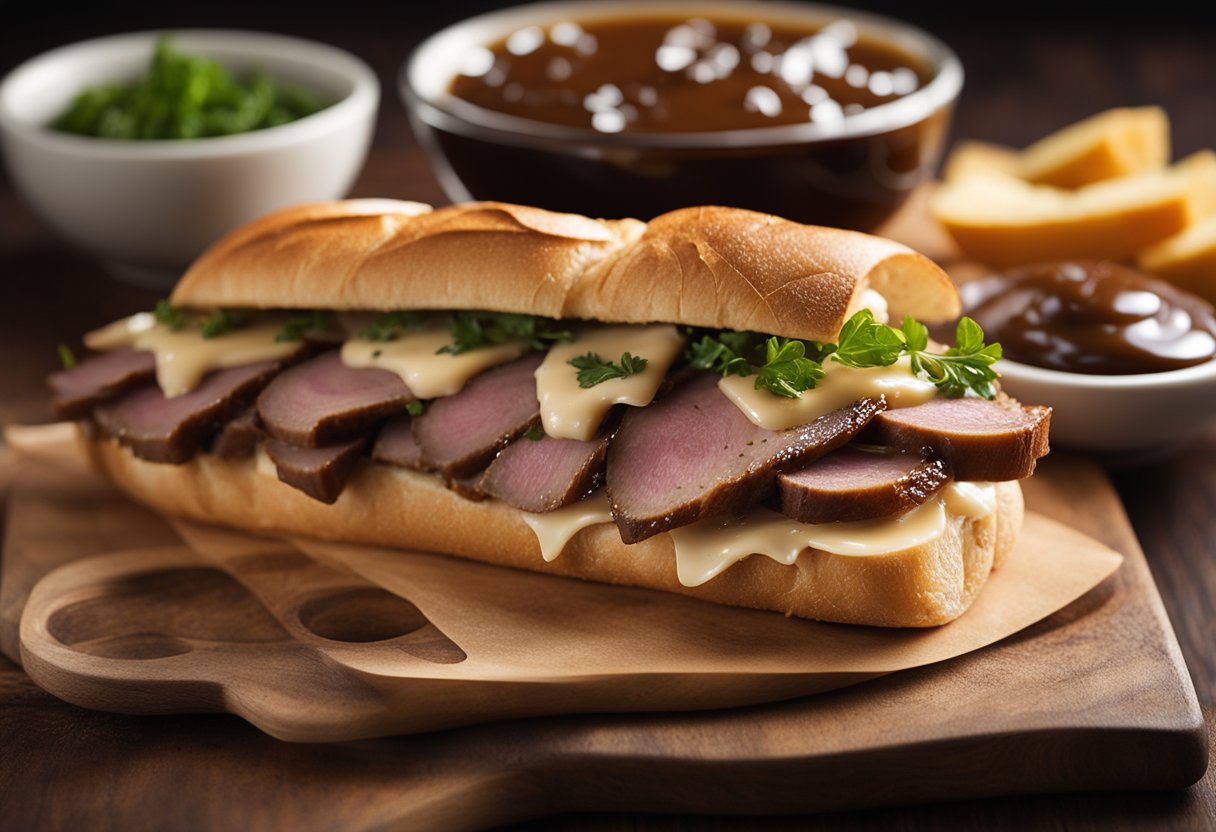 A crusty baguette, thinly sliced roast beef, melted Swiss cheese, and a bowl of savory au jus for dipping