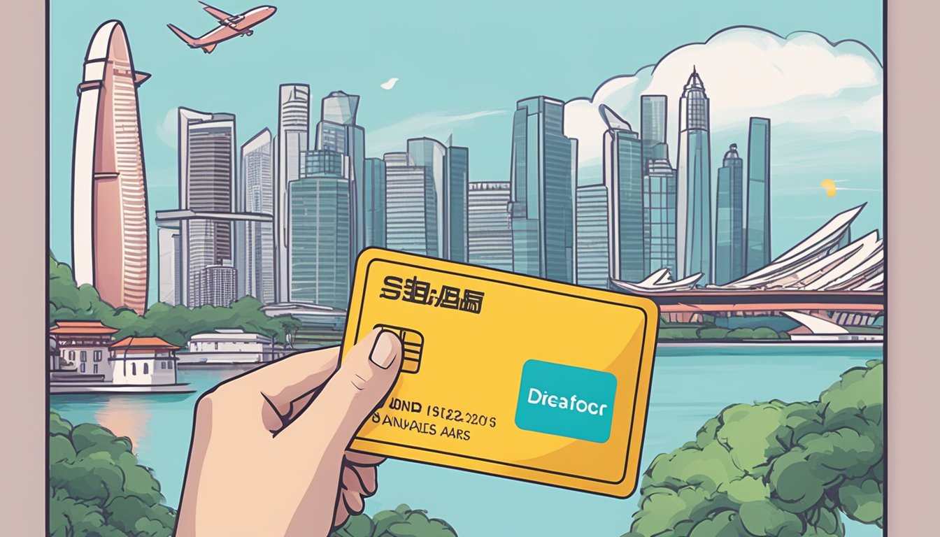 A hand holding a DBS card with a "Annual Fee Waiver" sticker against a backdrop of iconic Singapore landmarks