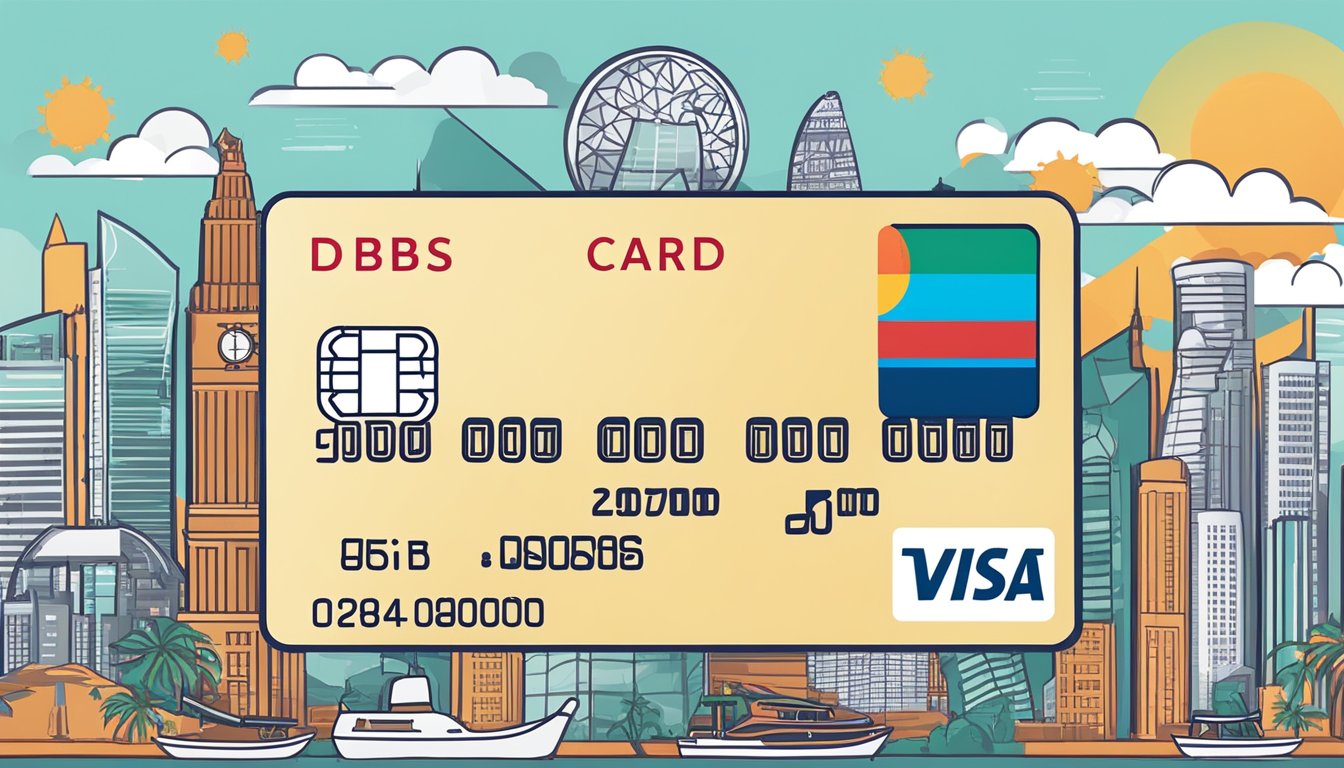 A credit card with "DBS Card Annual Fee Waiver" displayed prominently, surrounded by Singaporean landmarks and symbols
