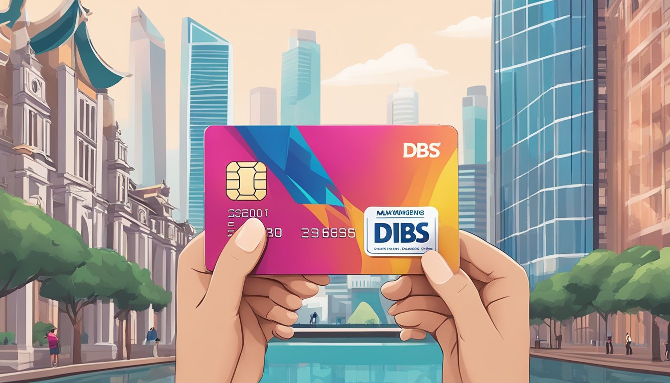 A hand holding a DBS credit card with the words "Maximising DBS Rewards and Points" displayed, with a prominent "annual fee waiver" sticker, against a backdrop of iconic Singapore landmarks