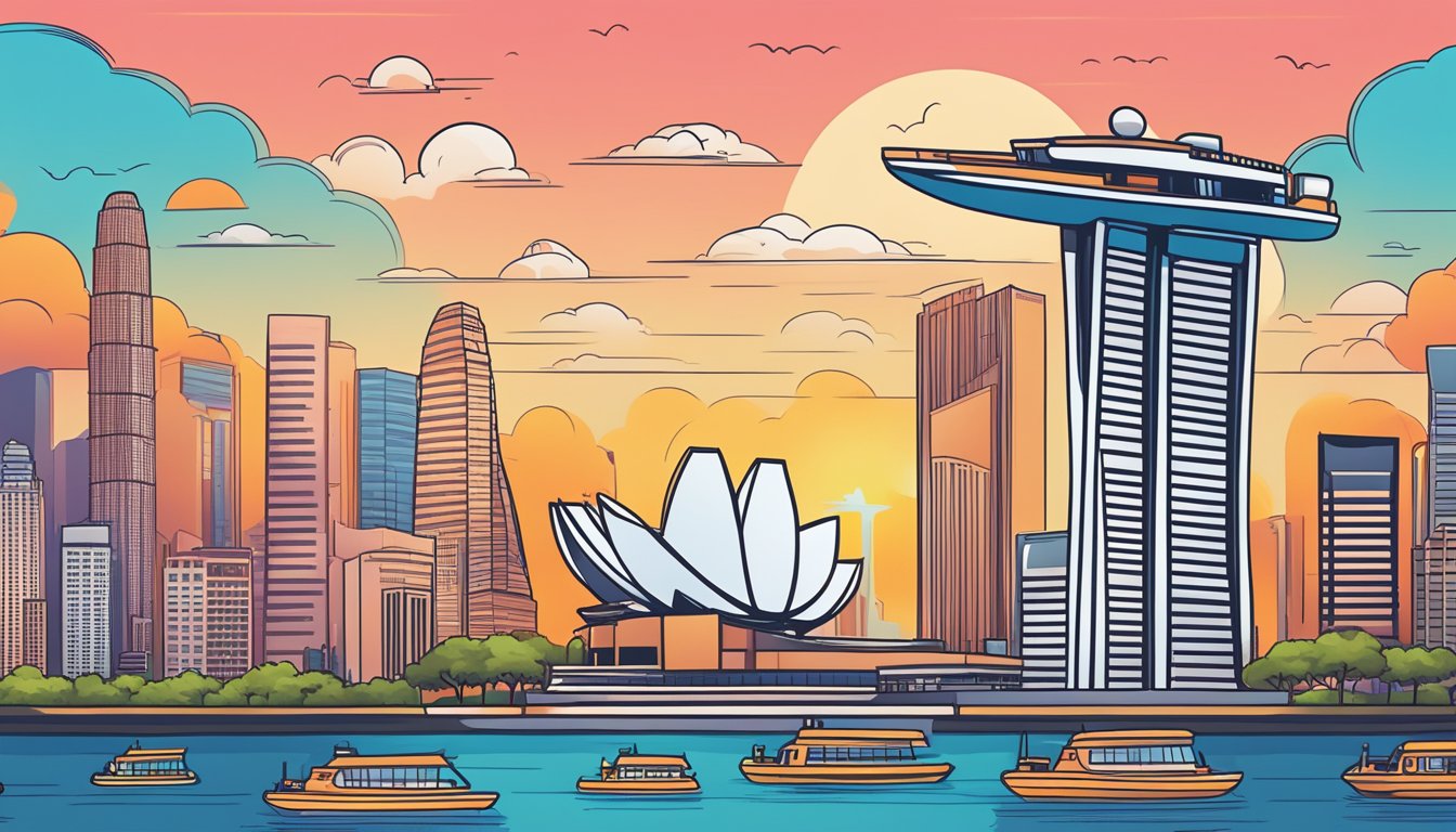 A DBS card surrounded by iconic Singaporean landmarks and symbols, with a backdrop of the city skyline and a vibrant sunset