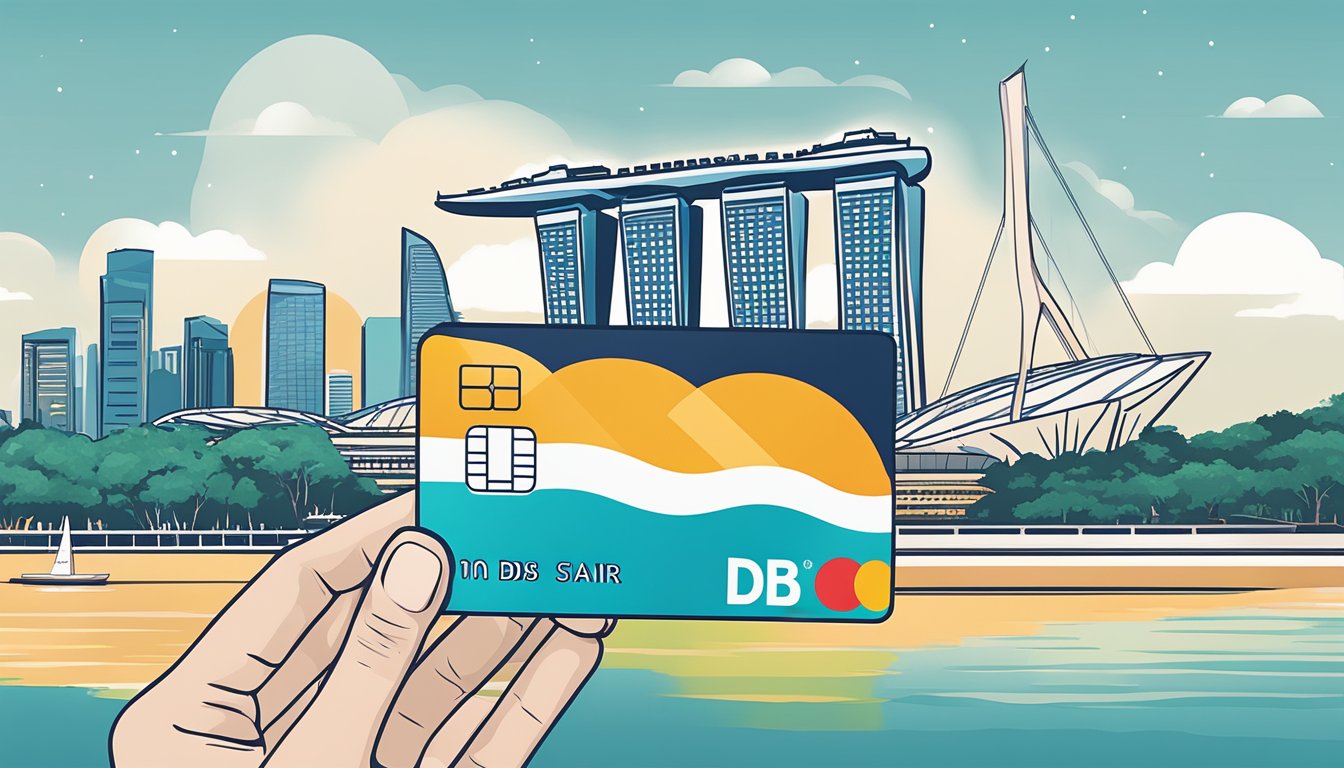 A hand holding a DBS credit card with rewards displayed, against a backdrop of iconic Singapore landmarks such as the Marina Bay Sands and the Singapore Flyer