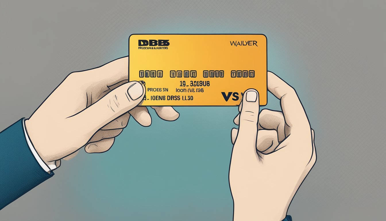 A hand holding a DBS card with a waiver text in the background
