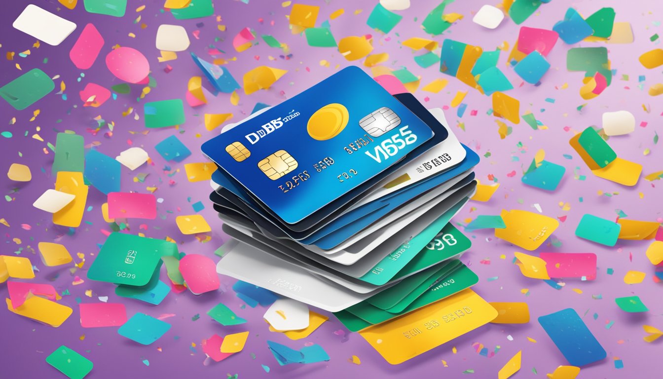 A stack of DBS credit cards with a "Fee Waiver" stamp, surrounded by confetti and a celebratory banner