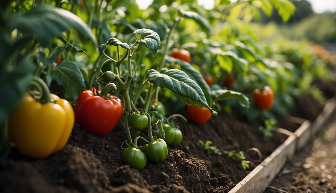 A garden full of vibrant, leafy greens, colorful bell peppers, and juicy tomatoes, with a variety of other fresh vegetables growing in the background