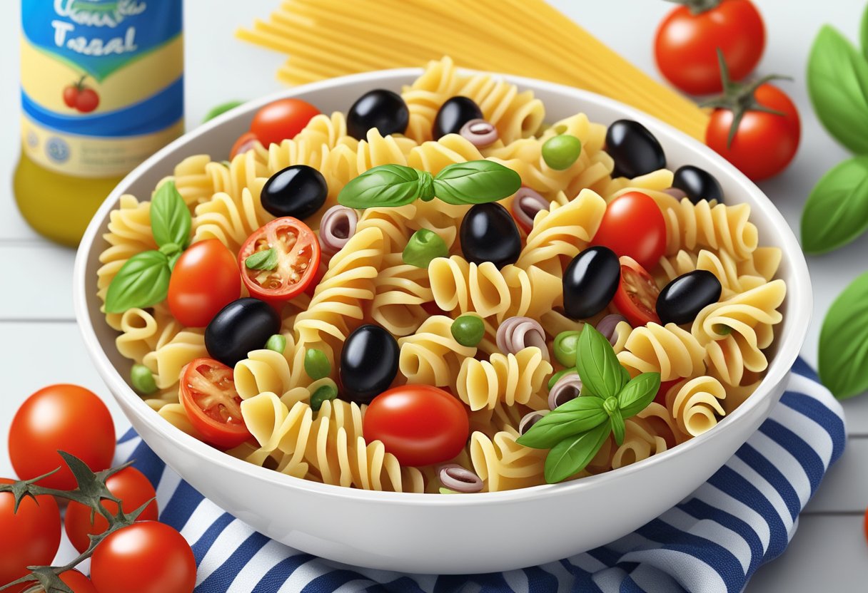 A bowl of Italian pasta salad, featuring rotini, cherry tomatoes, olives, and fresh basil, drizzled with a tangy vinaigrette