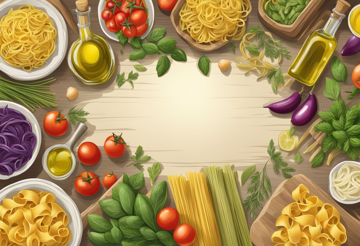 A rustic table with a colorful array of pasta, fresh vegetables, and herbs, surrounded by olive oil and vinegar bottles