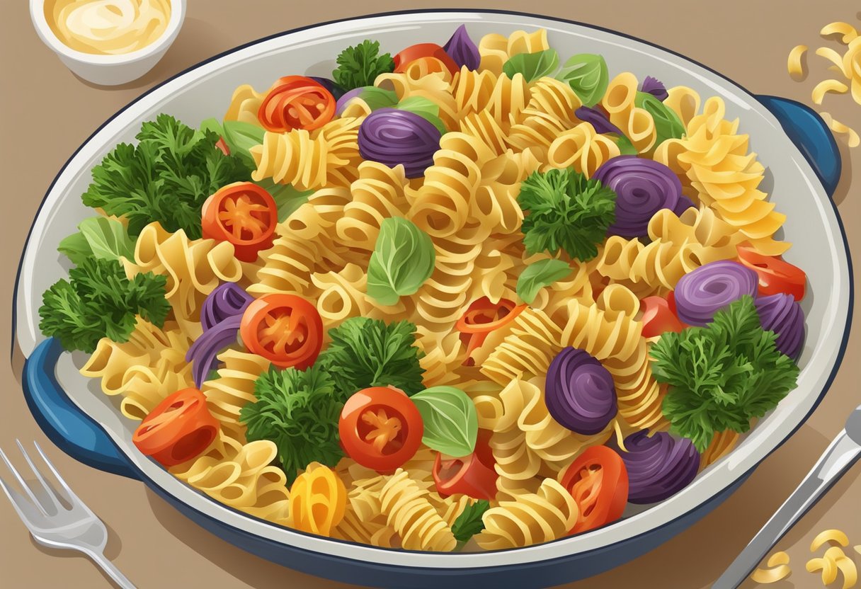 A colorful bowl filled with various types of pasta, such as rotini, penne, and bowtie, mixed with vibrant vegetables and a drizzle of Italian dressing