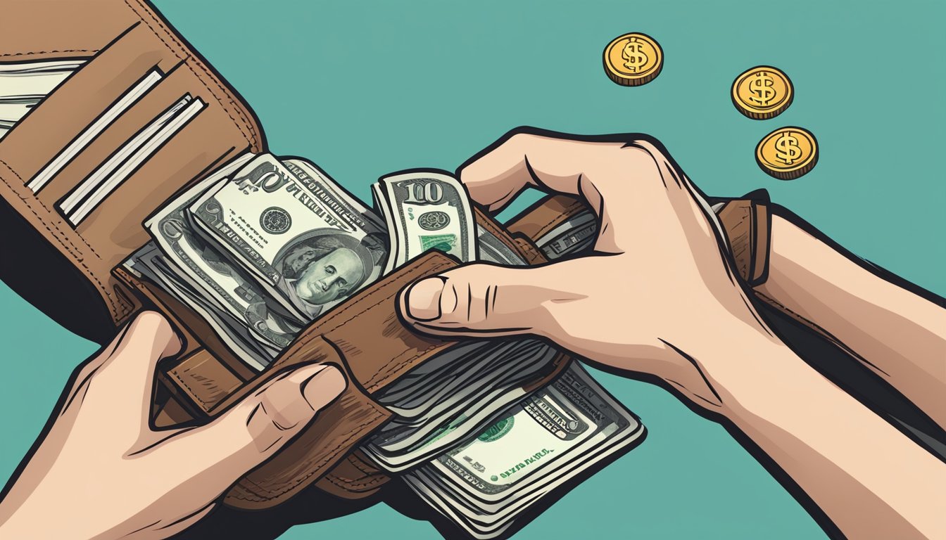 A hand reaching into a wallet, pulling out money, with a dollar sign and a stack of coins floating above it