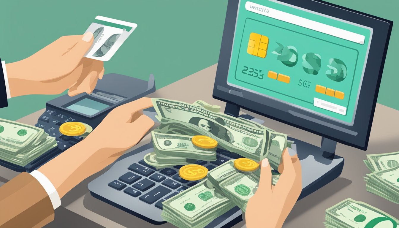 A hand holding a credit card with a cash advance fee displayed on a computer screen, surrounded by money symbols and a calculator