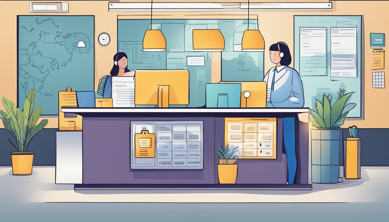 A customer service desk with a sign displaying "Frequently Asked Questions" and a list of dbs cash advance charges for Singapore