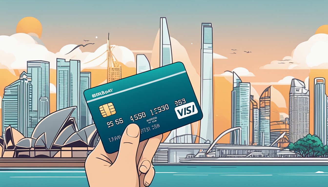 A hand holding a DBS cashback credit card against a backdrop of iconic Singapore landmarks