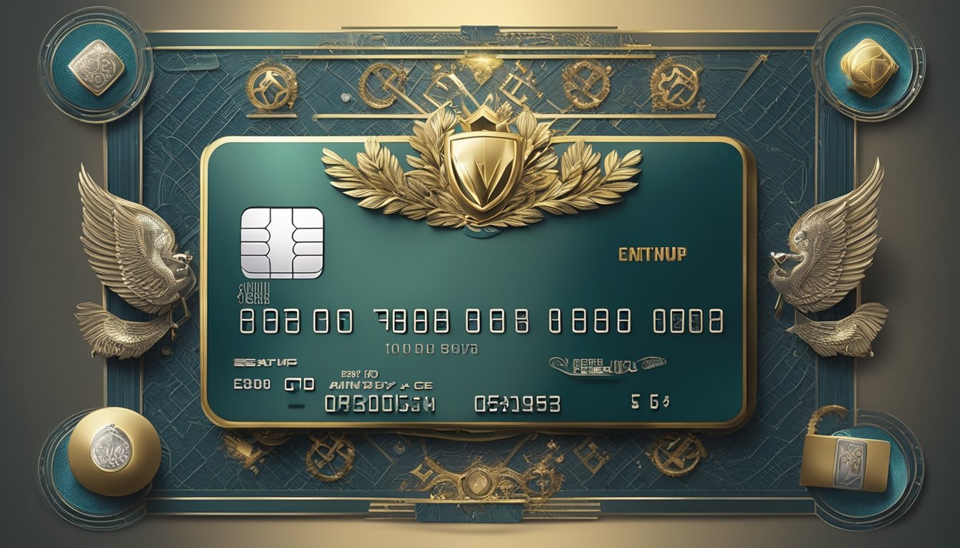 A gleaming credit card surrounded by luxurious items and symbols of privilege, such as a private club membership card and a VIP event invitation