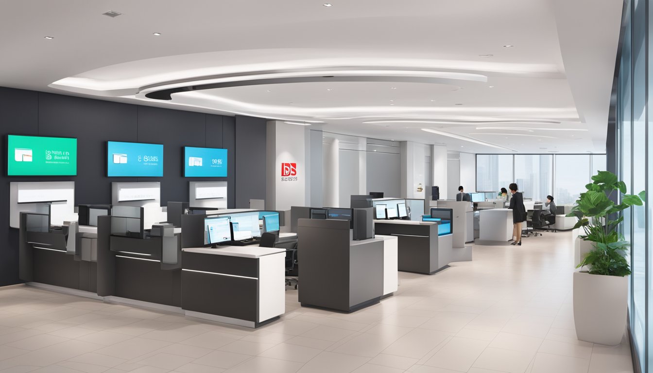 A modern, sleek bank branch in Singapore with the DBS Cashline logo prominently displayed. Clean, minimalist design with digital screens and a professional atmosphere