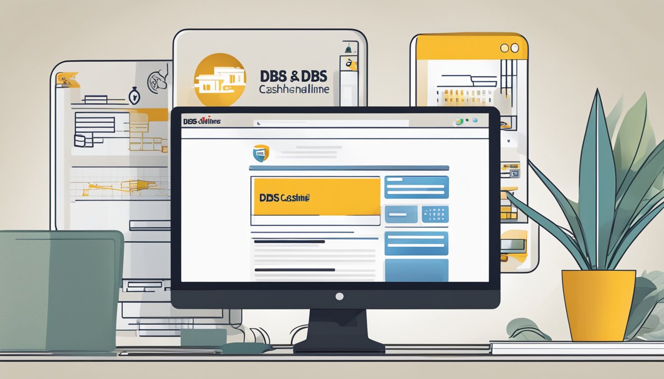 A computer screen displaying the DBS Cashline website with the logo and a brief description of the service